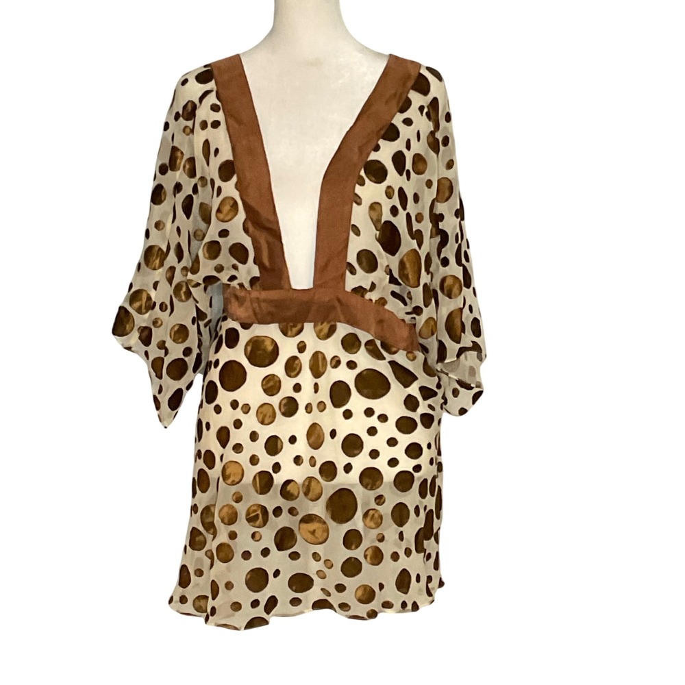 Monique Leshman brown polka dot sheer tunic top blouse coverup resort ruffle M